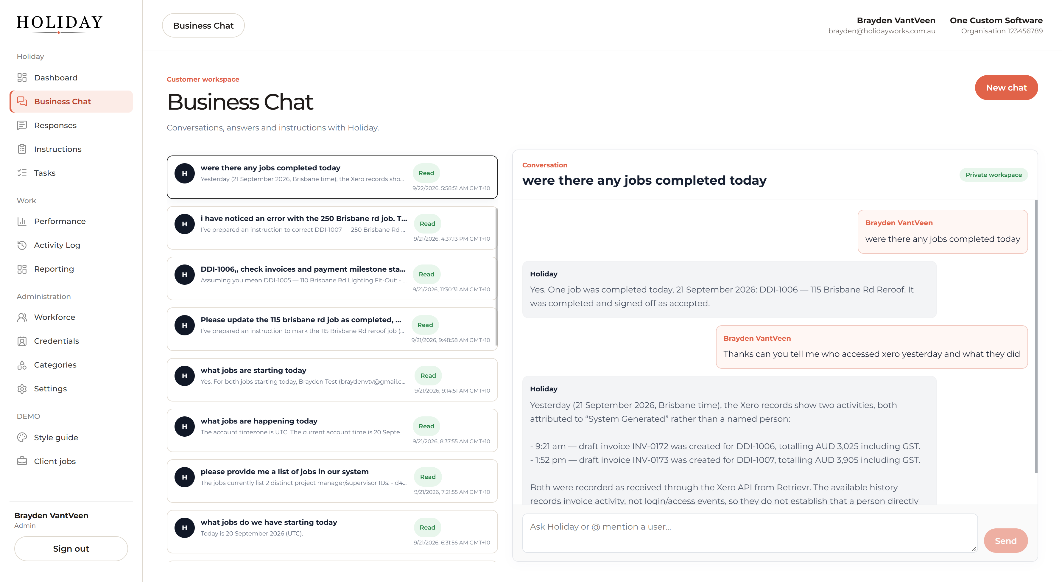 Holiday Business Chat showing recent conversations and answers drawn from connected business systems.